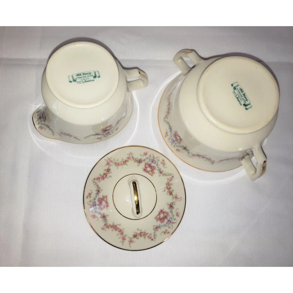 VTG Old Ivory Covered Sugar Bowl Creamer W/Lid Floral Arcadia Syracuse China 50s